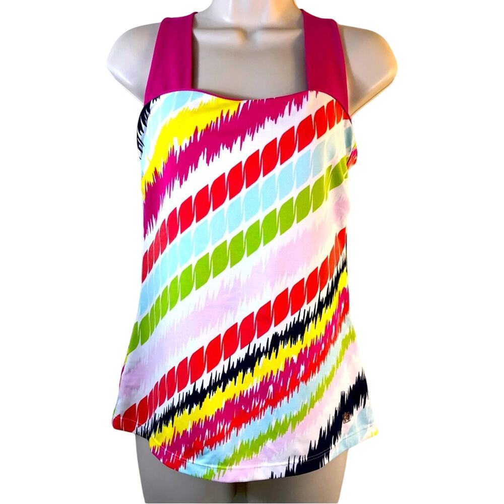Fila Multicolored Stripe Racerback Activewear Tank Top Pink Trim Sweetheart Neck